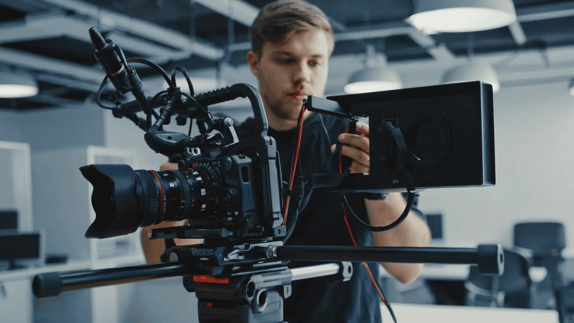 A person adjusts a professional video camera setup with a large monitor on a tripod in a modern, well-lit office or studio, ensuring everything is perfect and demonstrating how to avoid filming errors.