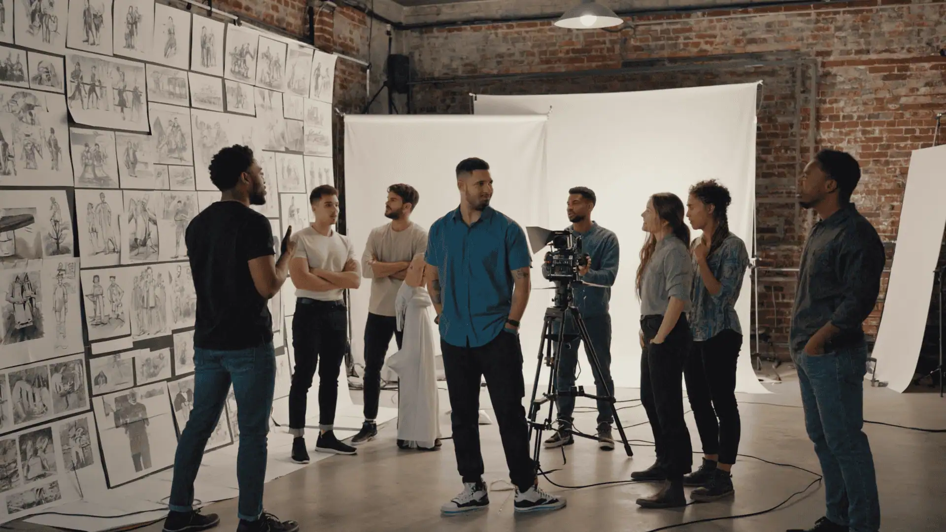 A group of people stands in a studio with a camera, lighting equipment, and storyboard sketches on the wall, appearing to discuss how to storyboard and plan the steps for their upcoming film shoot.