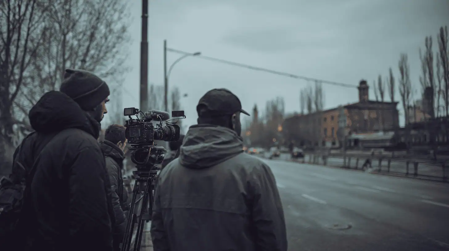 Two people in jackets and hats stand beside a video camera on a tripod, keeping film production going as they observe a quiet, empty city street on a cloudy day. Leafless trees and a large brick building are visible in the background.