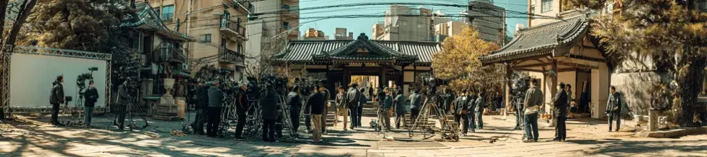 A large film crew is filming in Japan, setting up cameras and equipment before a traditional Japanese building. Surrounded by trees and city buildings under a clear sky, people gather as they prepare for a scene.
