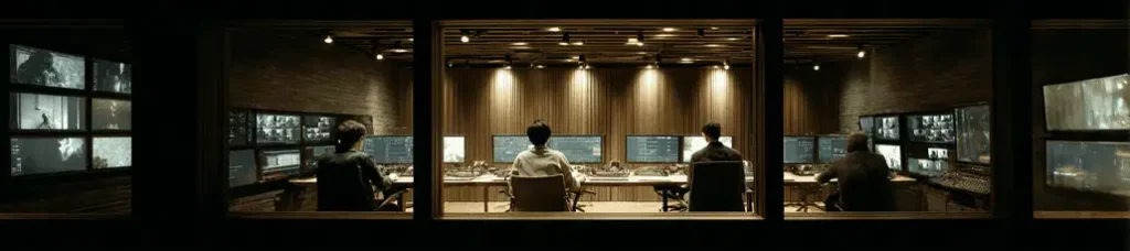 Four people sit at desks in a dark control room, facing multiple computer monitors and large screens showing surveillance footage during filming in Japan, illuminated by overhead lights.