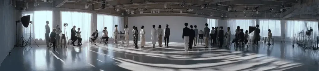 A large group of people stand and sit in a spacious, sunlit studio with high ceilings and large windows, casting long shadows across the shiny floor—some preparing for an event, hinting at the excitement of filming in Japan.
