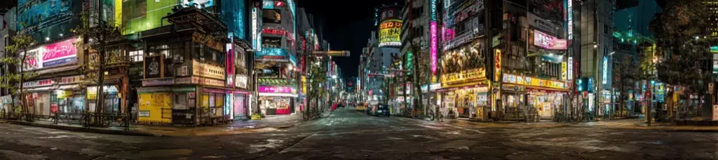 A vibrant city street at night, lined with brightly lit buildings and neon signs in various colors, creates a lively urban atmosphere perfect for filming in Japan. The empty street highlights the glow from the illuminated storefronts.
