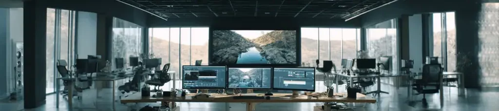 A modern, spacious office with large windows, multiple desks, and computer monitors. Three large screens at the front display video editing software and stunning footage from filming in Jordan featuring mountains and a river.