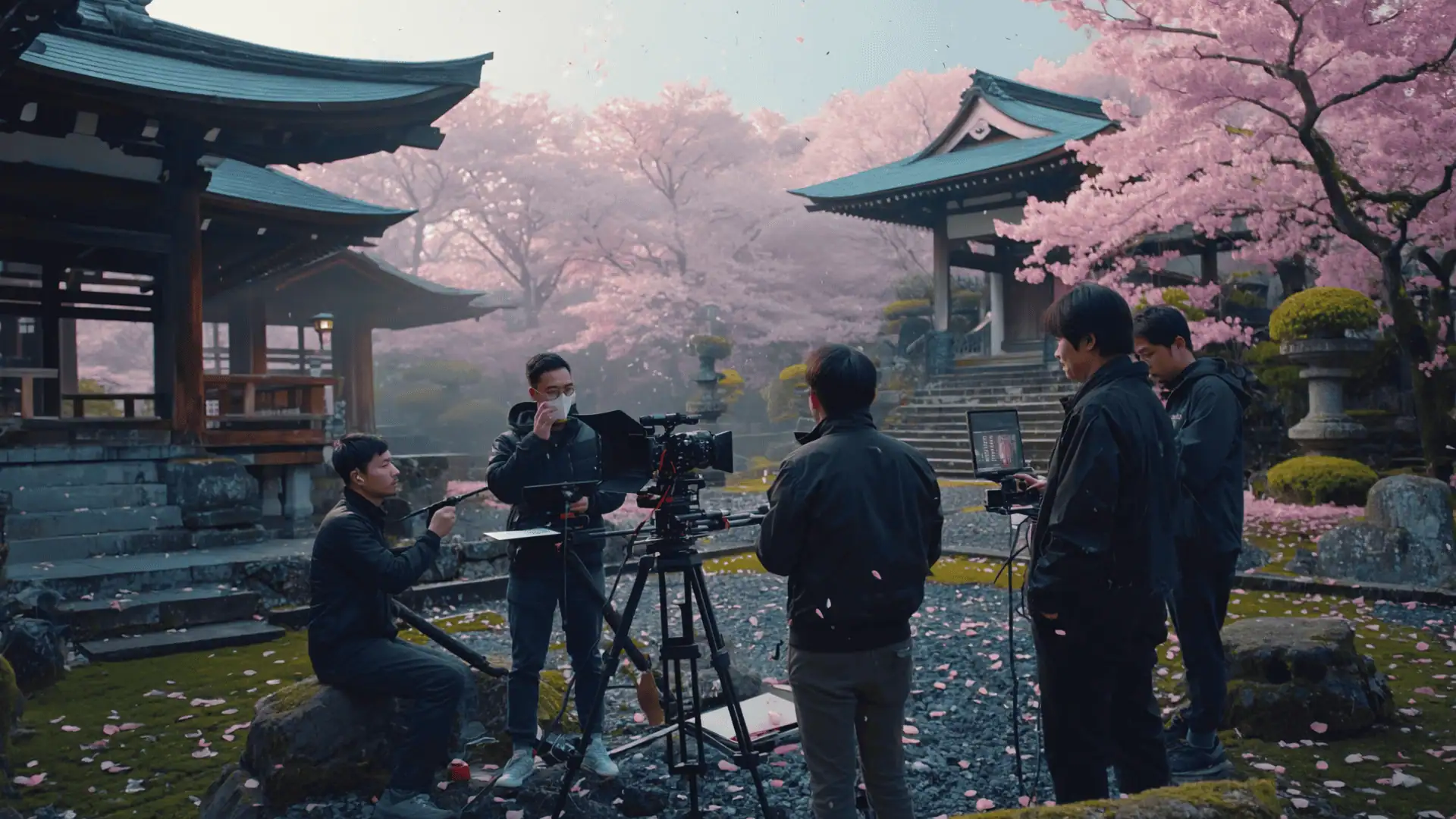 A film crew sets up cameras and equipment outdoors in a traditional Japanese temple garden, surrounded by blooming cherry blossom trees and petals—showcasing one of the stunning filming locations Tokyo has to offer. Four stand and one sits, all focused on the production.