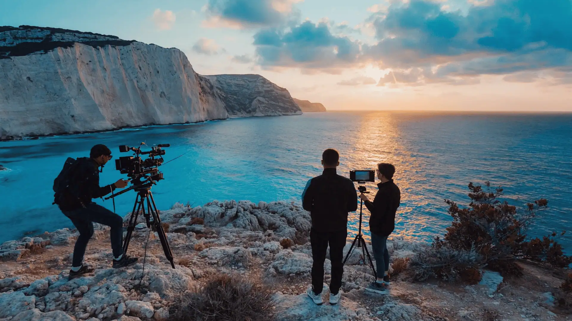 Two people with cameras and tripods stand on rocky cliffs overlooking the ocean at sunset, capturing the scenic view—reminding us why film in Italy is so alluring: dramatic cliffs, calm water, and a colorful sky with clouds.