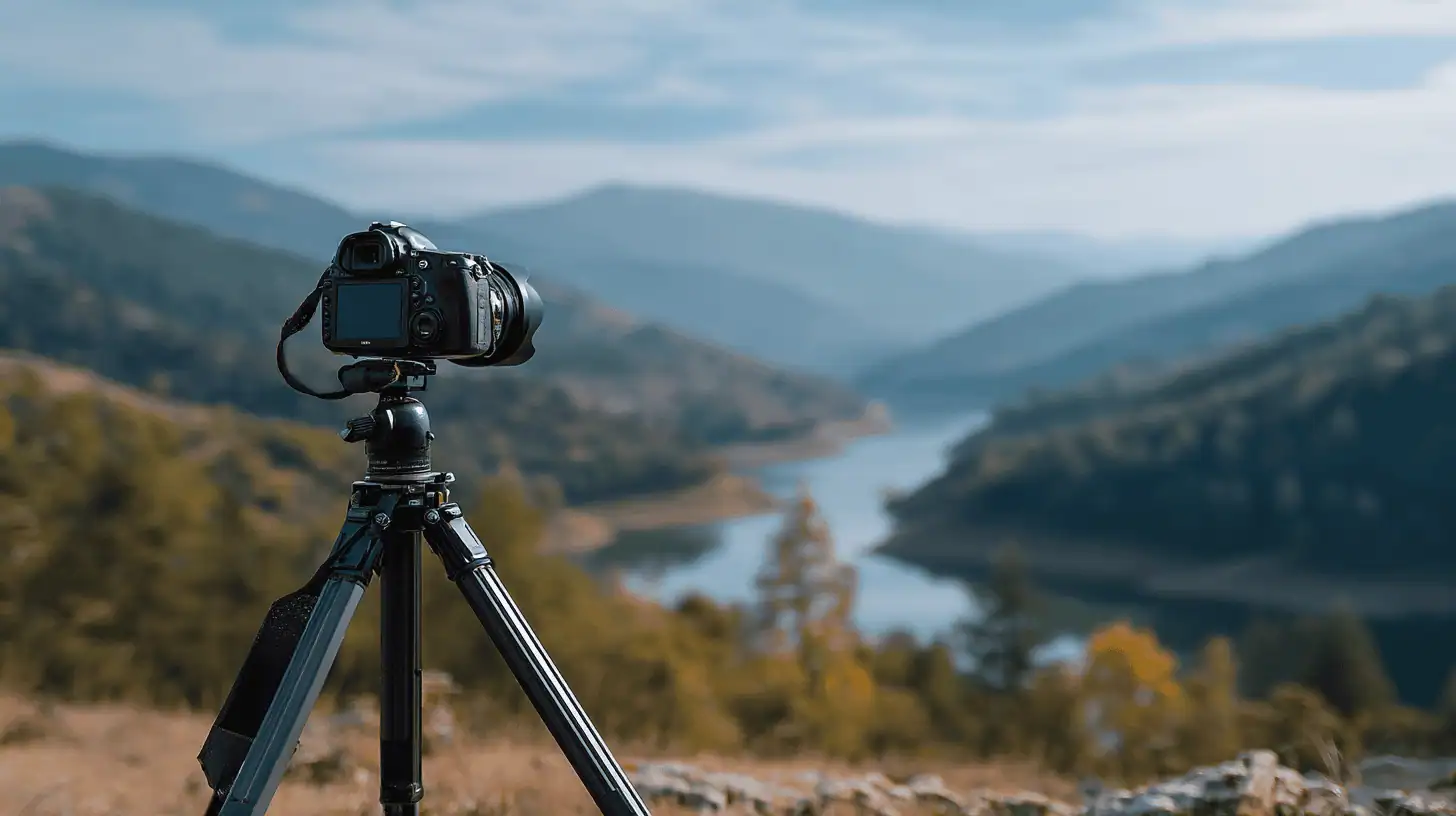 A camera on a tripod is set up outdoors by a location scout, overlooking a scenic view of mountains and a winding river beneath a blue sky. The landscape includes trees and distant hills, creating a peaceful, natural setting.