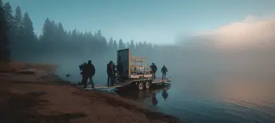 A film crew sets up cameras and equipment on a dock over a misty lake at sunrise, filming in Norway with silhouetted trees in the background and fog rolling over the calm water.