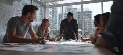 A group of five people sit around a conference table in a modern office with large windows, discussing documents and charts during a team meeting while filming in Miami.