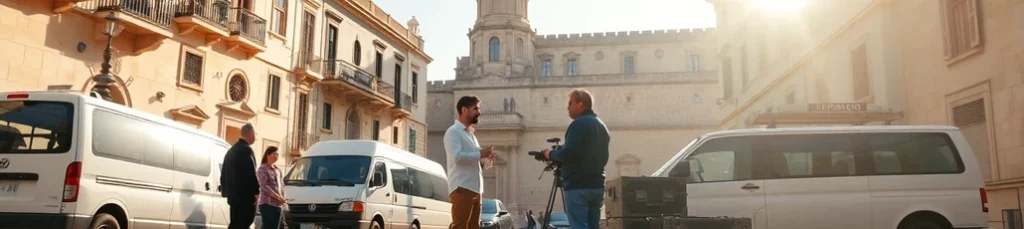 Two men stand talking near a camera setup on a sunny street lined with historic buildings and vans; sunlight shines in the background, and a cathedral is visible behind them, capturing the vibrant scene of filming in Malta.