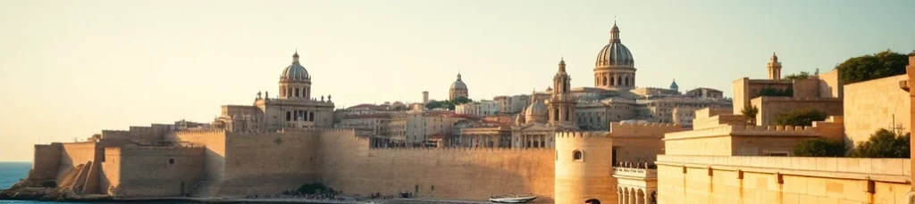 Sunlit view of a historic city in Malta, with domed churches and fortified stone walls by the sea—an iconic Mediterranean backdrop often chosen for filming in Malta, set against a clear blue sky.