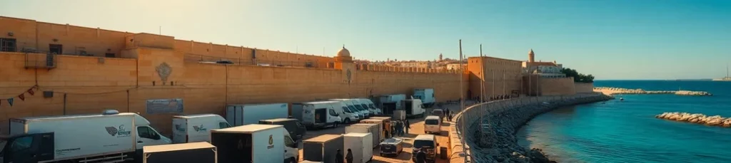 A row of white trucks and vans, likely for filming in Malta, is parked along a road beside a large stone fortress wall by the sea under a clear blue sky. The coastline curves with a rocky barrier between the water and the road.