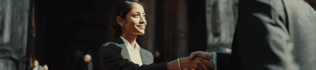 A woman in business attire smiles as she shakes hands with another person, set against blurred figures and a building in the background while filming in Mexico.