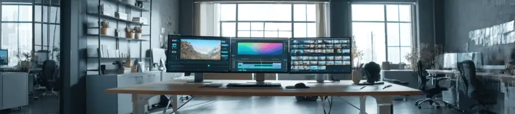 A modern office workspace with three wide computer monitors displaying video editing software and footage from filming in Mexico, all on a large wooden desk, surrounded by shelves, plants, and large windows letting in natural light.