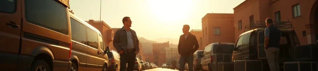 Three men stand and talk on a street lined with parked vans and suitcases at sunset, as orange buildings and mountains set the backdrop—capturing the essence of filming in Morocco.