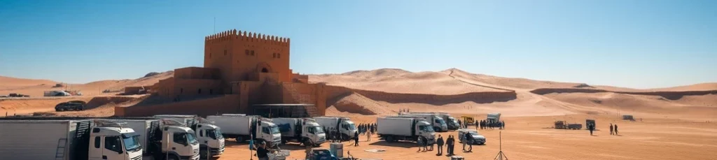 A film crew’s trucks and equipment are set up in front of a large sand-colored fortress, surrounded by desert dunes under a clear blue sky—capturing the magic of filming in Morocco as people walk and work around the site.