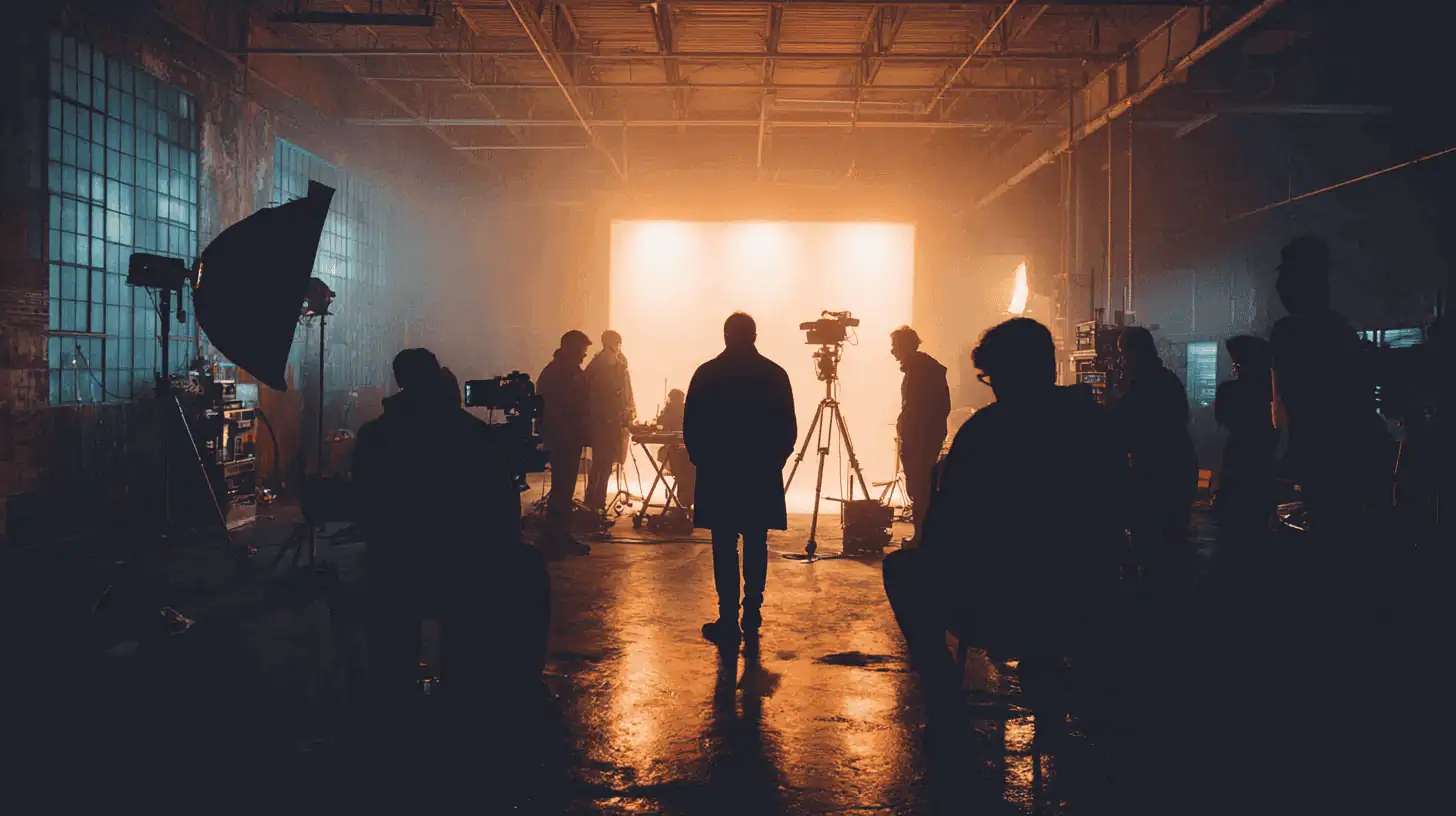 Silhouettes of people working on a film set with cameras and lighting equipment, illuminated by a large, glowing rectangular light source in the background inside a spacious industrial studio—where many ask, how do you become a producer?.