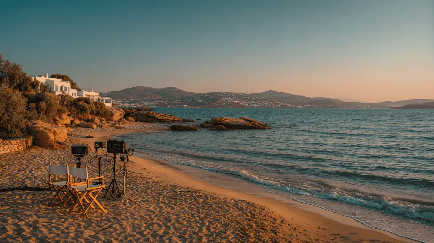 A sandy beach at sunset with film lights and director’s chairs faces the sea. White houses sit on rocky cliffs to the left, evoking Greece’s charm—perfect for a NEEDaFIXER Country Edition shoot across calm water and distant hills.