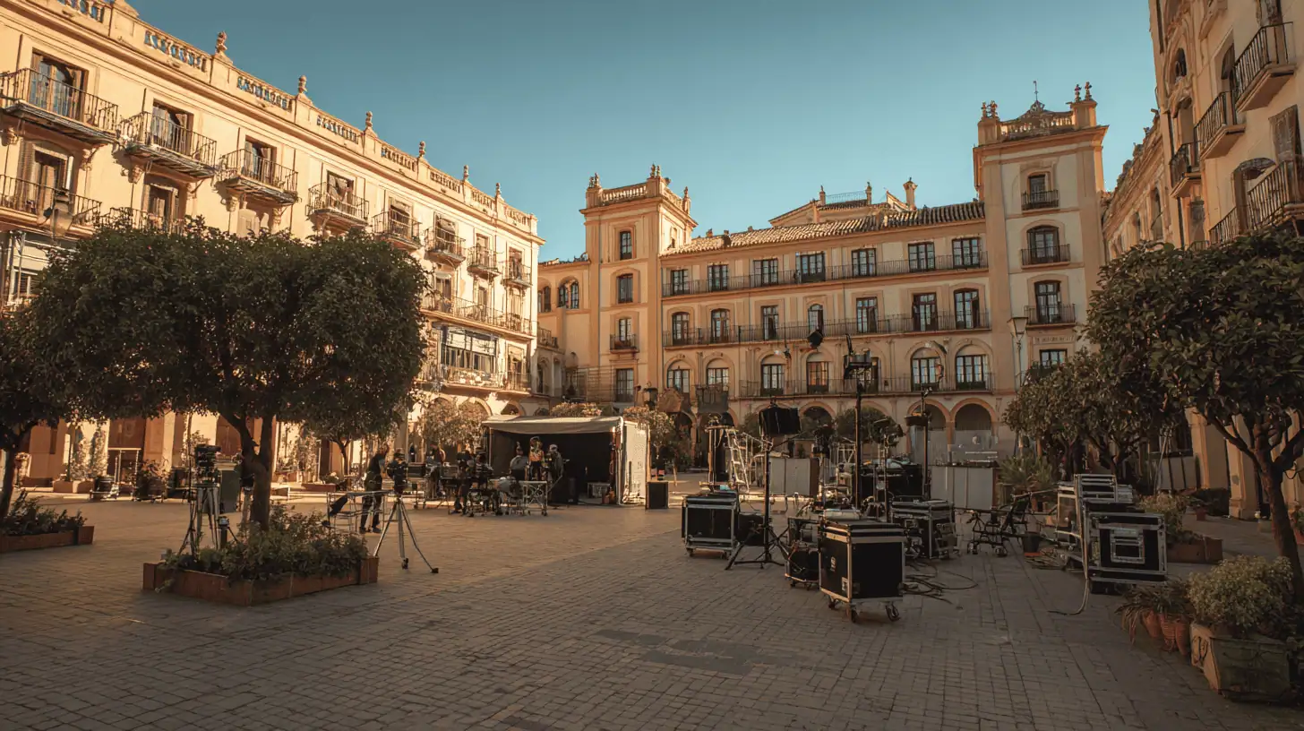 A sunlit European city square in Spain with historic buildings, film equipment, cameras, and crew from NEEDaFIXER Spain set up for a movie shoot, surrounded by trees and balconies under a clear blue sky.