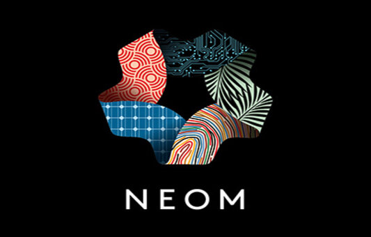 The NEOM logo, featured in the Progress Film, displays a multi-patterned abstract shape with red swirls, blue grid, circuit lines, palm leaf, and colorful stripes on a black background, with NEOM written below in white.