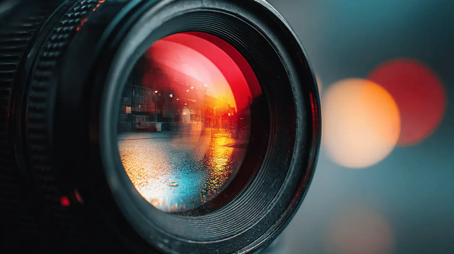 A close-up of a camera lens shows a vivid reflection of a city street with wet pavement and colorful lights, creating a vibrant, abstract effect—perfect for showcasing creative photography techniques. The background is softly blurred with warm and cool tones.