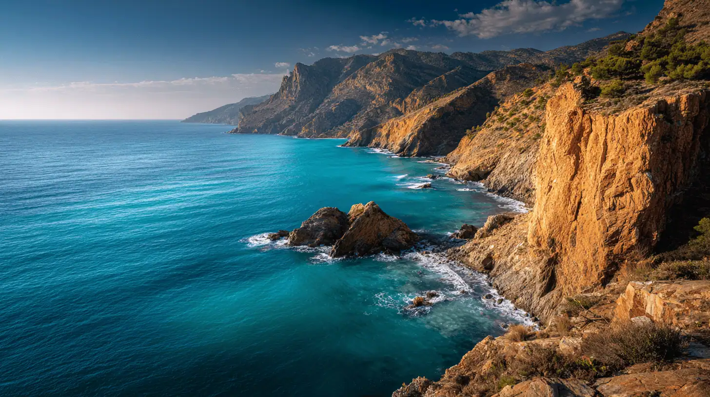 Rocky cliffs with rugged, golden-brown terrain rise above a turquoise sea, part of Spain filming locations known for their wild and wonderful scenery. Gentle waves crash along the curving coastline beneath a partly cloudy blue sky.