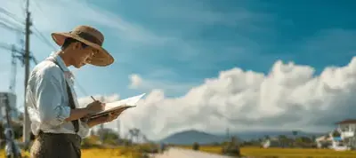 A person wearing a wide-brimmed hat, glasses, and a white shirt sketches in a notebook outdoors while filming in Vietnam, set against a scenic countryside road, lush fields, and a bright blue sky with clouds.