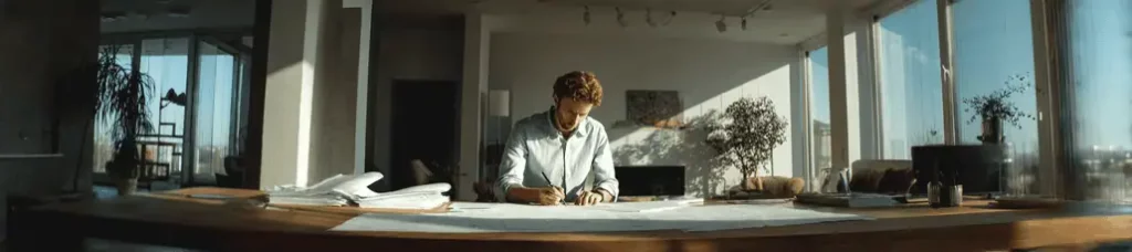A person stands at a large wooden desk in a bright, modern room with big windows, reviewing architectural plans spread out on the surface—an inspiring setting for filming in Portugal as sunlight streams in and illuminates the creative workspace.