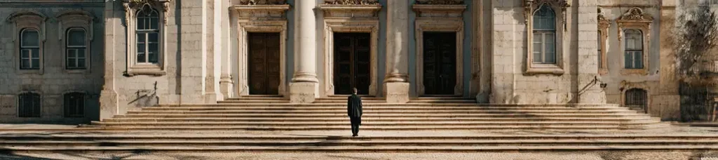 A person in dark clothing stands alone at the bottom of wide stone steps leading up to a grand building with tall columns and ornate architectural details, evoking the timeless beauty found when filming in Portugal.