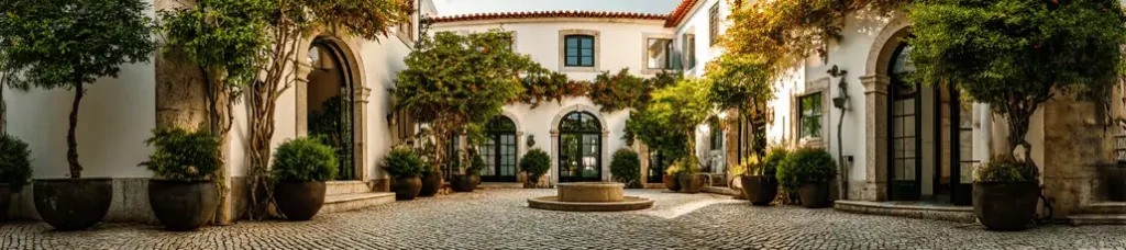 A charming courtyard with cobblestone paving, arched doorways, and lush greenery—ideal for filming in Portugal. White-walled buildings with green-trimmed windows surround a central stone fountain, creating a picturesque setting.