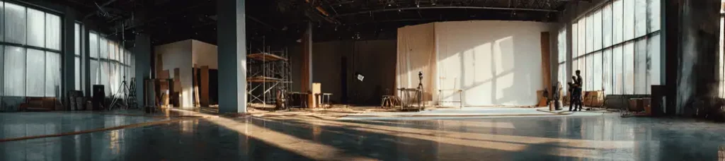 A large, mostly empty industrial space with high ceilings, tall windows, scattered construction materials, and sunlight streaming in. A person stands on the right near a camera on a tripod, capturing scenes for filming in Portugal.