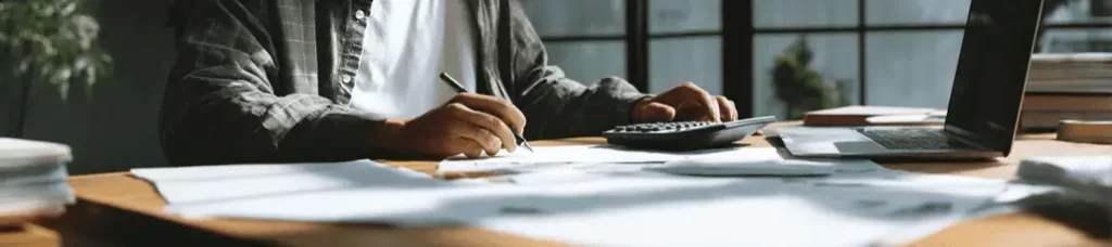 A person sits at a desk with paperwork, using a calculator and writing beside an open laptop. Sunlight streams through large windows in the background, capturing the calm atmosphere perfect for filming in Portugal.