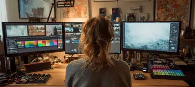 A person with wavy hair in a ponytail sits at a desk editing videos from filming in Portugal on three large monitors, surrounded by colorful controls, keyboards, and creative tools in a cluttered, artistic workspace.