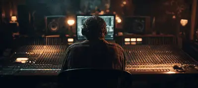 A person wearing headphones sits at a large audio mixing console in a dimly lit recording studio, surrounded by glowing lights and sound equipment, as they work on audio for a project filming in Morocco.