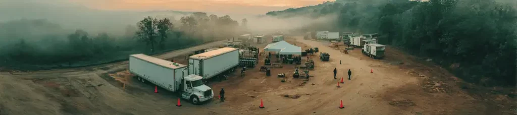 A panoramic view of a rural filming in Atlanta worksite at sunrise, with trucks, equipment, and tents arranged on a dirt lot surrounded by trees and misty hills. Orange cones mark areas around the site.