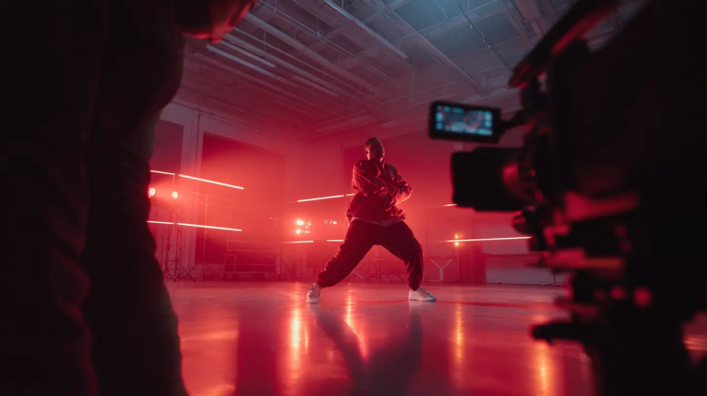 A person in a red jacket, a rising industry talent, dances energetically in a studio with dramatic red lighting. A camera films the quick take in the foreground while equipment and crew are partially visible in the dimly lit space.