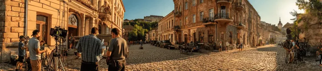 A film crew sets up cameras and equipment on a cobblestone street lined with historic buildings, filming in Romania’s warm, golden sunlight. People walk and sit at outdoor tables in the distance, capturing a bustling urban scene.