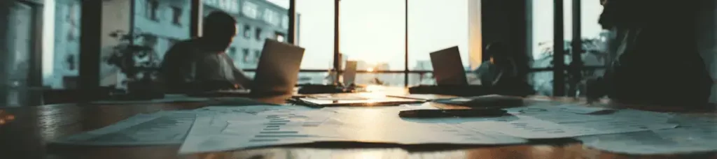 A sunlit office with large windows, two people working on laptops at opposite ends of a table covered with documents, charts, and a smartphone—perfect for filming in Romania.