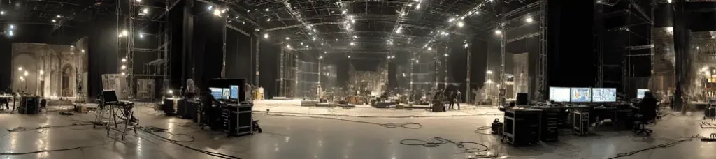 A wide view of a large film studio set, capturing the behind-the-scenes production atmosphere while filming in Romania—bright overhead lights, scattered equipment, computers on desks, cables on the floor, and set pieces in the background.