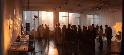 A group of people gathers in a sunlit, open studio space with large windows. The setting sun casts a warm glow over the scene as filming in Oslo takes place. Tables with papers and objects are visible along the left wall.