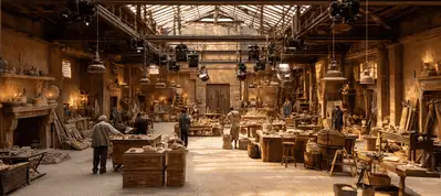 A spacious, sunlit workshop with high ceilings filled with wooden tables, tools, and materials. Several people work on different projects, creating a busy, industrious atmosphere—perfect for filming in Rome.
