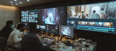 Three people sit at a control desk covered in equipment, overseeing multiple monitors displaying scenes from a film set, capturing the dynamic process of filming in Mumbai within an active editing studio.