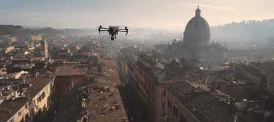 A drone flies over a historic European city, filming in Rome above tightly packed buildings and a large domed church, under a hazy sky.