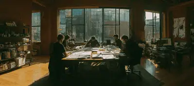 A group of people sit around a table covered with papers in a sunlit, modern office with large windows and shelves filled with books, discussing plans for filming in Montreal.