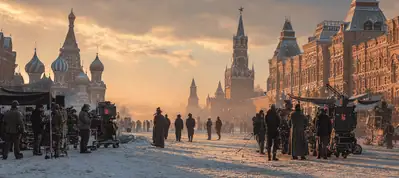 People walk and gather in a snowy Red Square at sunset, with the colorful domes of Saint Basil’s Cathedral and the Kremlin’s towers visible—an iconic backdrop for filming in Moscow, aglow with a golden, wintry light.