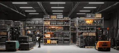 A warehouse with shelves full of various boxes and crates. Two workers operate in the space—one stands reading a clipboard, while the other drives a forklift near the shelving units. Bright overhead lights illuminate this filming in Berlin scene.