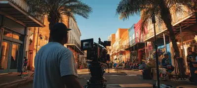 A person operates a film camera on a street lined with colorful buildings and palm trees, filming in New Orleans as people gather in the background under a clear blue sky.