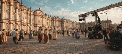 A film crew shoots a historical scene in a grand palace courtyard, Filming in St. Petersburg, with actors in period costumes and a large camera crane visible among cobblestone paving under a partly cloudy sky.