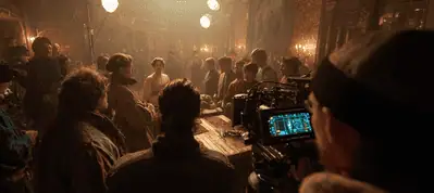 A film crew records a scene in a dimly lit, crowded tavern set while filming in St. Petersburg. Actors in period costumes sit at a wooden table as crew members and a camera are visible in the foreground beneath warm overhead lights.