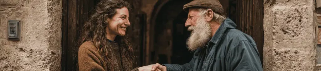 A smiling young woman with curly hair shakes hands with an older man with a beard and a cap outside a rustic stone building while filming in Israel.